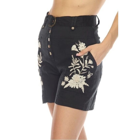 JW Los Angeles Johnny Was Linen Embroidered Shorts Size XL Button Front W/ Belt‎